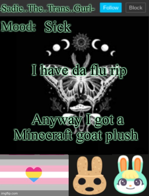 E | Sick; I have da flu rip; Anyway I got a Minecraft goat plush | image tagged in sadiesannouncement temp | made w/ Imgflip meme maker