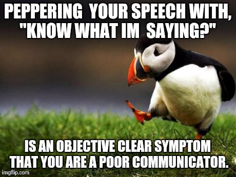 Unpopular Opinion Puffin | PEPPERING  YOUR SPEECH WITH, "KNOW WHAT IM  SAYING?"  IS AN OBJECTIVE CLEAR SYMPTOM THAT YOU ARE A POOR COMMUNICATOR. | image tagged in memes,unpopular opinion puffin,AdviceAnimals | made w/ Imgflip meme maker