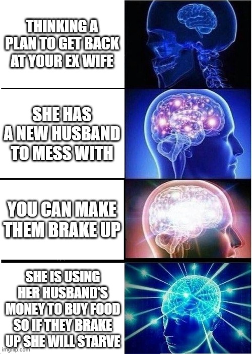 plans no get back | THINKING A PLAN TO GET BACK AT YOUR EX WIFE; SHE HAS A NEW HUSBAND TO MESS WITH; YOU CAN MAKE THEM BRAKE UP; SHE IS USING HER HUSBAND'S MONEY TO BUY FOOD SO IF THEY BRAKE UP SHE WILL STARVE | image tagged in memes,expanding brain,ex wife | made w/ Imgflip meme maker