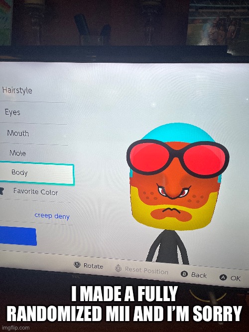 There were 127 different body sizes and counting correctly was a nightmare | I MADE A FULLY RANDOMIZED MII AND I’M SORRY | image tagged in mii,nintendo switch | made w/ Imgflip meme maker
