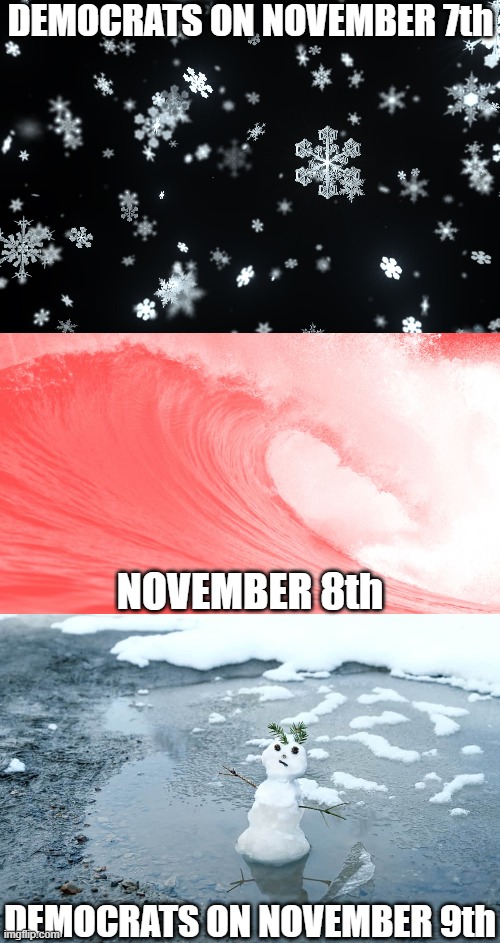 Don't take it for granted, get out and vote!  And we can make it happen. | DEMOCRATS ON NOVEMBER 7th; NOVEMBER 8th; DEMOCRATS ON NOVEMBER 9th | image tagged in red wave,election 2022,democrats | made w/ Imgflip meme maker