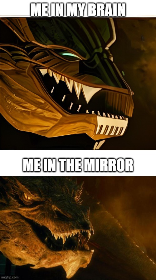 I made an AI image :D | ME IN MY BRAIN; ME IN THE MIRROR | image tagged in smaug | made w/ Imgflip meme maker