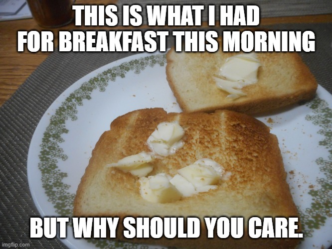 My lame social media breakfast |  THIS IS WHAT I HAD FOR BREAKFAST THIS MORNING; BUT WHY SHOULD YOU CARE. | image tagged in my lame social media breakfast,toast and butter,a bit of cinnamon,waste of time | made w/ Imgflip meme maker