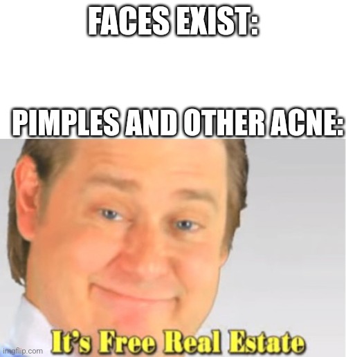 Relatable meme alert | FACES EXIST:; PIMPLES AND OTHER ACNE: | image tagged in it's free real estate | made w/ Imgflip meme maker