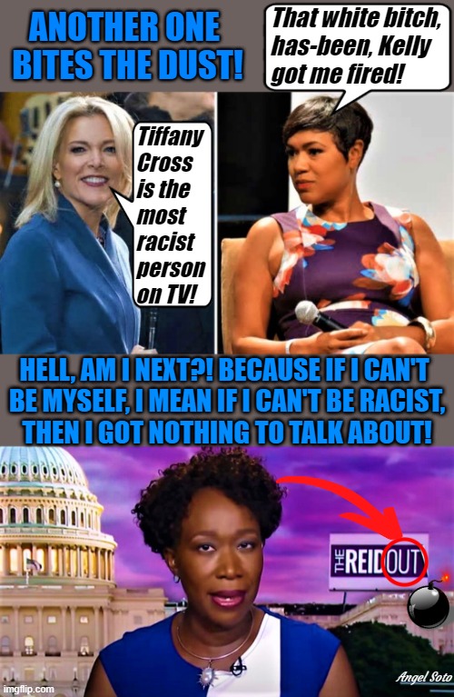 Megyn Kelly,Tiffany Cross-gets fired from MSNBC, and Joy Reid |  ANOTHER ONE 
BITES THE DUST! That white bitch,
has-been, Kelly
got me fired! Tiffany
Cross
is the
most
racist
person
on TV! HELL, AM I NEXT?! BECAUSE IF I CAN'T 
BE MYSELF, I MEAN IF I CAN'T BE RACIST,
THEN I GOT NOTHING TO TALK ABOUT! Angel Soto | image tagged in another one bites the dust,msnbc,megyn kelly,tiffany,joy reid,racist | made w/ Imgflip meme maker