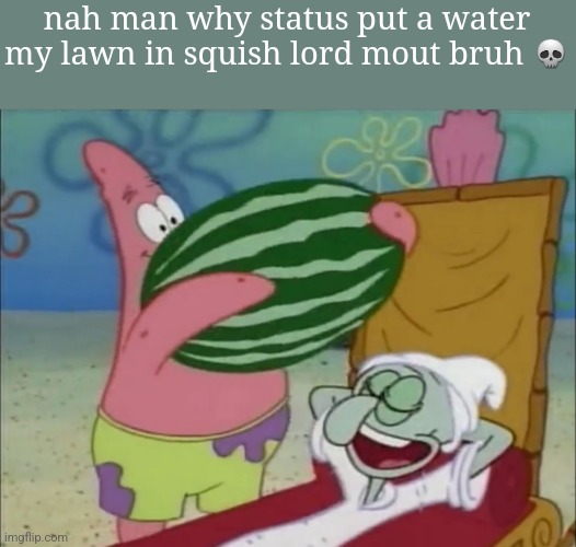 squidward watermelon | nah man why status put a water my lawn in squish lord mout bruh 💀 | image tagged in squidward watermelon | made w/ Imgflip meme maker