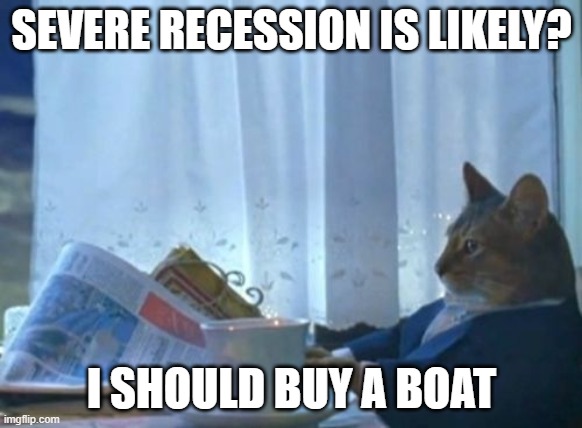 I Should Buy A Boat Cat | SEVERE RECESSION IS LIKELY? I SHOULD BUY A BOAT | image tagged in memes,i should buy a boat cat | made w/ Imgflip meme maker