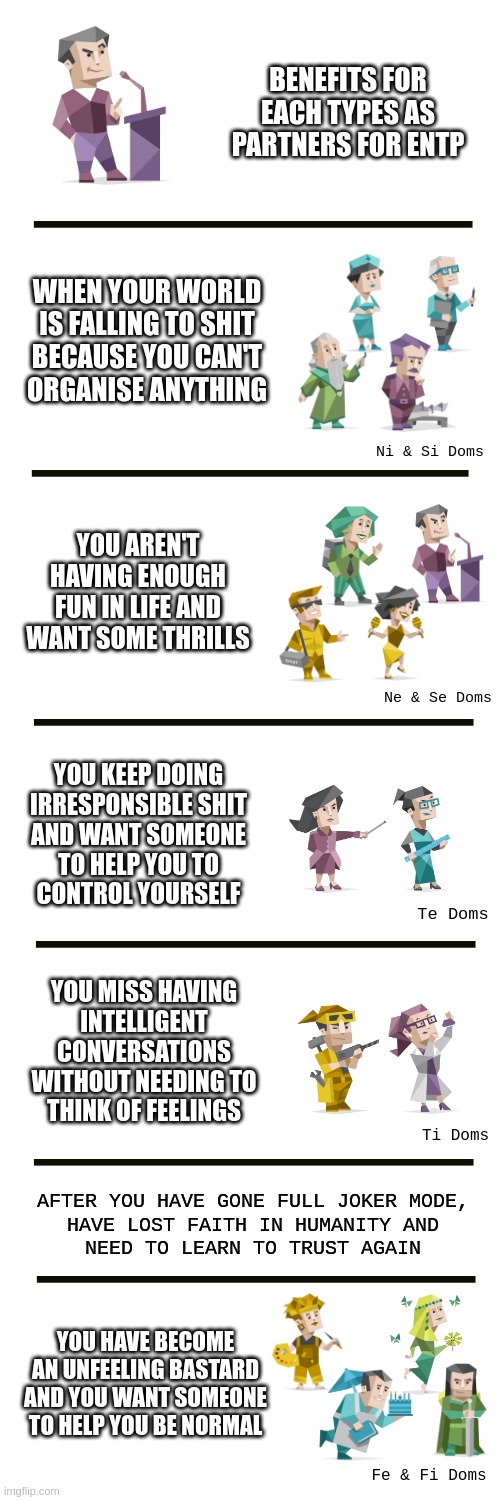 ENTP Dating | BENEFITS FOR EACH TYPES AS PARTNERS FOR ENTP; WHEN YOUR WORLD
IS FALLING TO SHIT
BECAUSE YOU CAN'T
ORGANISE ANYTHING; Ni & Si Doms; YOU AREN'T HAVING ENOUGH FUN IN LIFE AND WANT SOME THRILLS; Ne & Se Doms; YOU KEEP DOING
IRRESPONSIBLE SHIT
AND WANT SOMEONE
TO HELP YOU TO
CONTROL YOURSELF; Te Doms; YOU MISS HAVING
INTELLIGENT CONVERSATIONS
WITHOUT NEEDING TO
THINK OF FEELINGS; Ti Doms; AFTER YOU HAVE GONE FULL JOKER MODE,
HAVE LOST FAITH IN HUMANITY AND
NEED TO LEARN TO TRUST AGAIN; YOU HAVE BECOME
AN UNFEELING BASTARD
AND YOU WANT SOMEONE
TO HELP YOU BE NORMAL; Fe & Fi Doms | image tagged in entp,dating,myers briggs,personality,memes,mbti | made w/ Imgflip meme maker