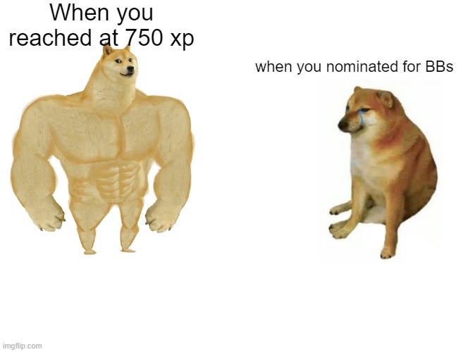 Buff Doge vs. Cheems | When you reached at 750 xp; when you nominated for BBs | image tagged in memes,buff doge vs cheems | made w/ Imgflip meme maker