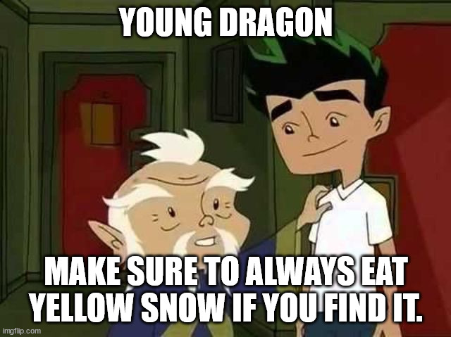Giving advice | YOUNG DRAGON; MAKE SURE TO ALWAYS EAT YELLOW SNOW IF YOU FIND IT. | image tagged in giving advice | made w/ Imgflip meme maker