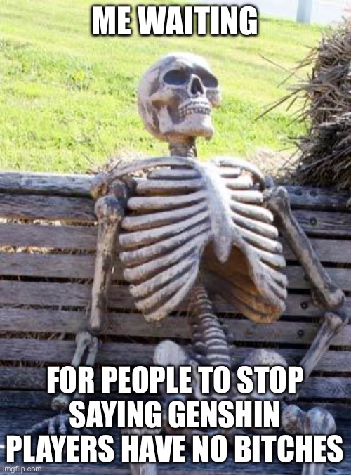 I’m not offended or upset, I’m annoyed. Just because someone plays a game with suggestive looking characters doesn’t automatical | ME WAITING; FOR PEOPLE TO STOP SAYING GENSHIN PLAYERS HAVE NO BITCHES | image tagged in memes,waiting skeleton | made w/ Imgflip meme maker