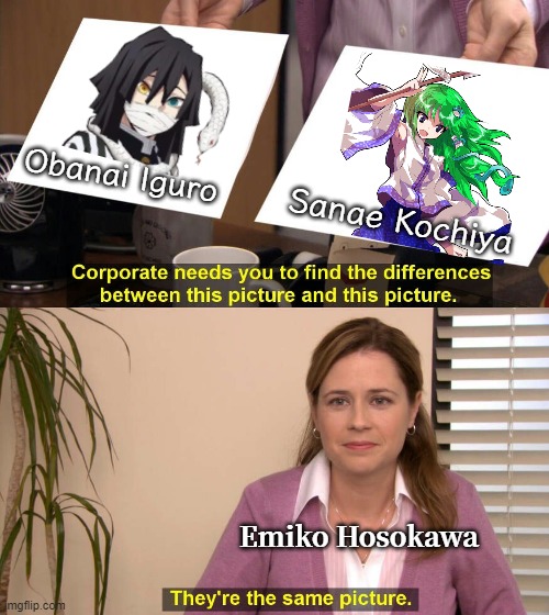 They look kinda similar though... | Obanai Iguro; Sanae Kochiya; Emiko Hosokawa | image tagged in they are the same picture,demon slayer,touhou,animeme,anime,oh wow are you actually reading these tags | made w/ Imgflip meme maker