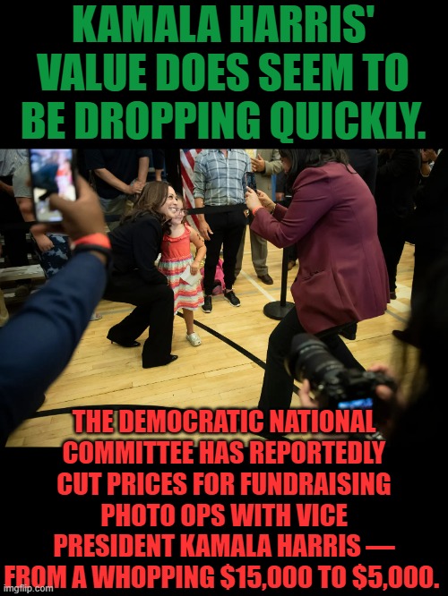 Why Would You Expect Anything Else? | KAMALA HARRIS' VALUE DOES SEEM TO BE DROPPING QUICKLY. THE DEMOCRATIC NATIONAL COMMITTEE HAS REPORTEDLY CUT PRICES FOR FUNDRAISING PHOTO OPS WITH VICE PRESIDENT KAMALA HARRIS — FROM A WHOPPING $15,000 TO $5,000. | image tagged in memes,politics,kamala harris,you simply have less value,photos,money | made w/ Imgflip meme maker