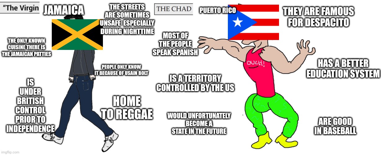 Virgin Jamaica vs Chad Puerto Rico (no offense to those living in these countries) | THE STREETS ARE SOMETIMES UNSAFE  ESPECIALLY DURING NIGHTTIME; THEY ARE FAMOUS FOR DESPACITO; JAMAICA; PUERTO RICO; MOST OF THE PEOPLE SPEAK SPANISH; THE ONLY KNOWN CUISINE THERE IS THE JAMAICAN PATTIES; HAS A BETTER EDUCATION SYSTEM; IS UNDER BRITISH CONTROL PRIOR TO INDEPENDENCE; PEOPLE ONLY KNOW IT BECAUSE OF USAIN BOLT; IS A TERRITORY CONTROLLED BY THE US; HOME TO REGGAE; WOULD UNFORTUNATELY BECOME A STATE IN THE FUTURE; ARE GOOD IN BASEBALL | image tagged in virgin and chad,memes,jamaica,puerto rico | made w/ Imgflip meme maker