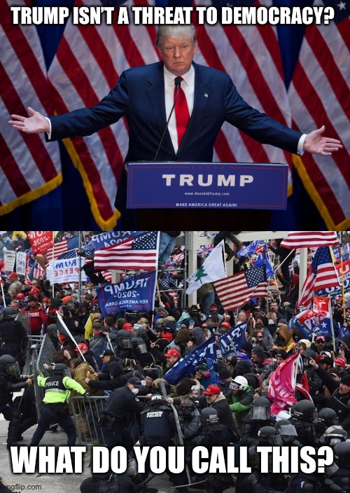 TRUMP ISN’T A THREAT TO DEMOCRACY? WHAT DO YOU CALL THIS? | image tagged in donald trump,right wing capitol riot insurrection coup attempt | made w/ Imgflip meme maker