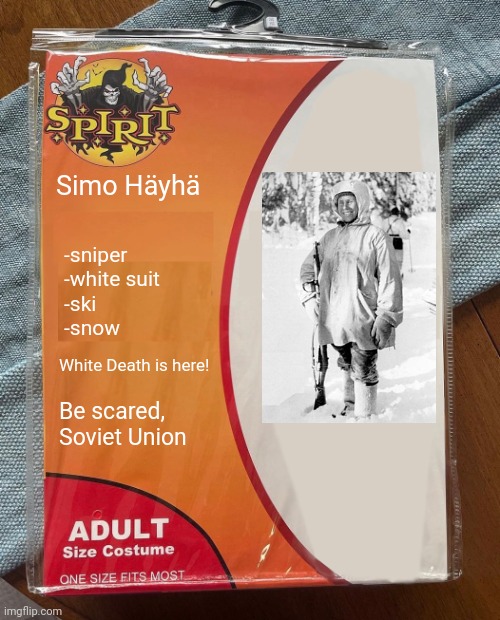 Spirit Halloween | Simo Häyhä; -sniper
-white suit
-ski
-snow; White Death is here! Be scared, Soviet Union | image tagged in spirit halloween,finland | made w/ Imgflip meme maker