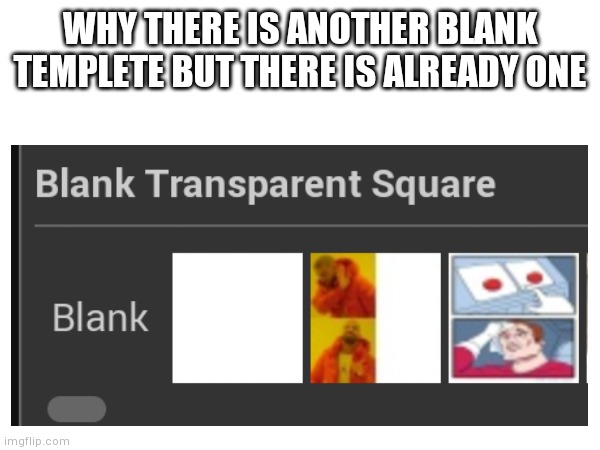 why there is another blank templete but there is already one | WHY THERE IS ANOTHER BLANK TEMPLETE BUT THERE IS ALREADY ONE | image tagged in blank template,blank transparent square,imgflip,why | made w/ Imgflip meme maker