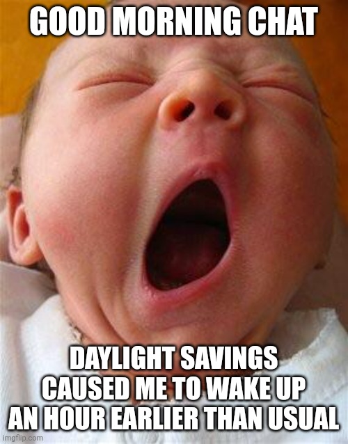 Yawn | GOOD MORNING CHAT; DAYLIGHT SAVINGS CAUSED ME TO WAKE UP AN HOUR EARLIER THAN USUAL | image tagged in yawn | made w/ Imgflip meme maker