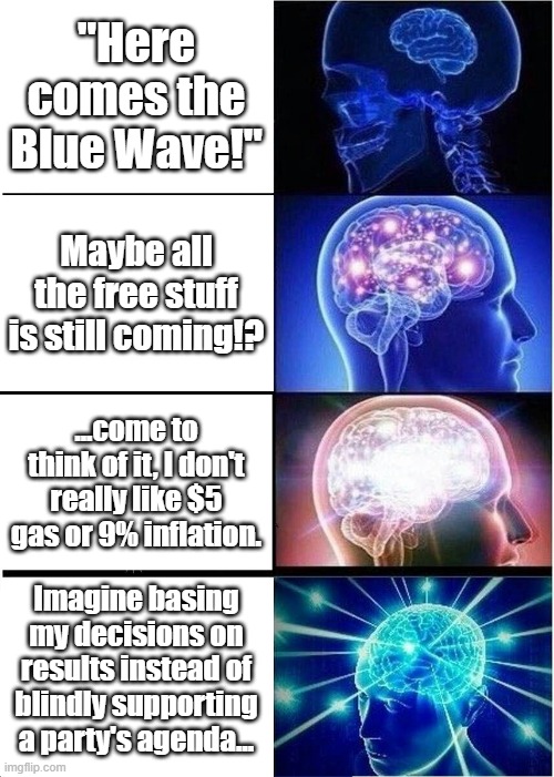 Evolution of Thinking |  "Here comes the Blue Wave!"; Maybe all the free stuff is still coming!? ...come to think of it, I don't really like $5 gas or 9% inflation. Imagine basing my decisions on results instead of blindly supporting a party's agenda... | image tagged in memes,expanding brain | made w/ Imgflip meme maker