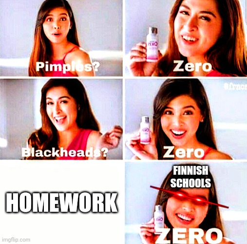 Actually there Is a little, but so little other countries say "there is no homework in Finland" | HOMEWORK; FINNISH SCHOOLS | image tagged in deep fried pimples zero | made w/ Imgflip meme maker