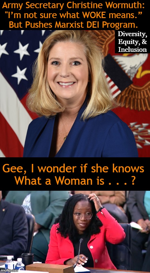 Our 11-year-old granddaughter knows what 'woke' means & the SECRETARY OF THE ARMY doesn't . . . ? | Army Secretary Christine Wormuth: 
"I’m not sure what WOKE means.” 
But Pushes Marxist DEI Program. Diversity, 
Equity, & 
Inclusion; Gee, I wonder if she knows 
What a Woman is . . . ? | image tagged in politics,secretary,army,woke,woman,diversity equity inclusion | made w/ Imgflip meme maker