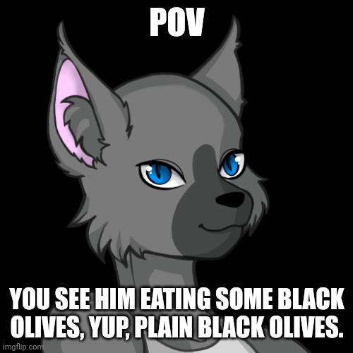 POV; YOU SEE HIM EATING SOME BLACK OLIVES, YUP, PLAIN BLACK OLIVES. | image tagged in travis the bluesteel folf spartan | made w/ Imgflip meme maker