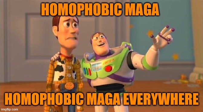 TOYSTORY EVERYWHERE | HOMOPHOBIC MAGA HOMOPHOBIC MAGA EVERYWHERE | image tagged in toystory everywhere | made w/ Imgflip meme maker