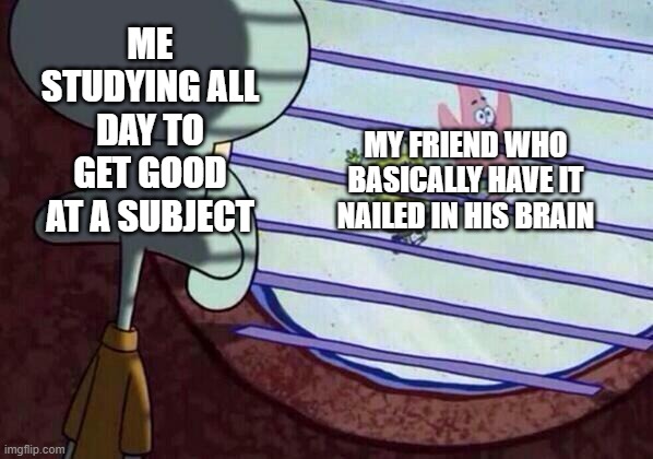 Squidward window | ME STUDYING ALL DAY TO GET GOOD AT A SUBJECT; MY FRIEND WHO BASICALLY HAVE IT NAILED IN HIS BRAIN | image tagged in squidward window | made w/ Imgflip meme maker