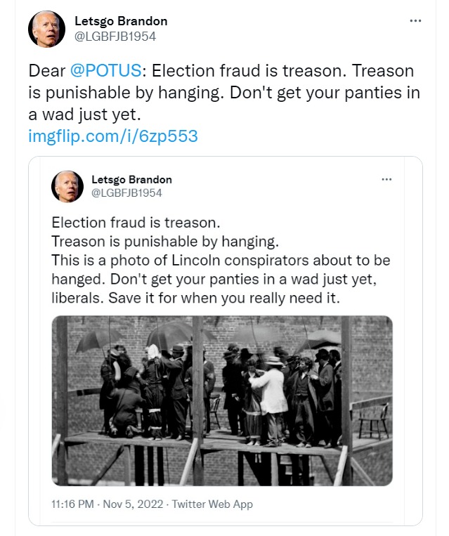 Letsgo Brandon Joe Biden election fraud tweet | image tagged in let's go brandon,joe biden worries,election fraud,treason,hanging out,never go full retard | made w/ Imgflip meme maker