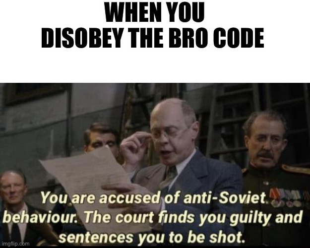 you are accused of anti soviet behavior. | WHEN YOU DISOBEY THE BRO CODE | image tagged in you are accused of anti soviet behavior | made w/ Imgflip meme maker