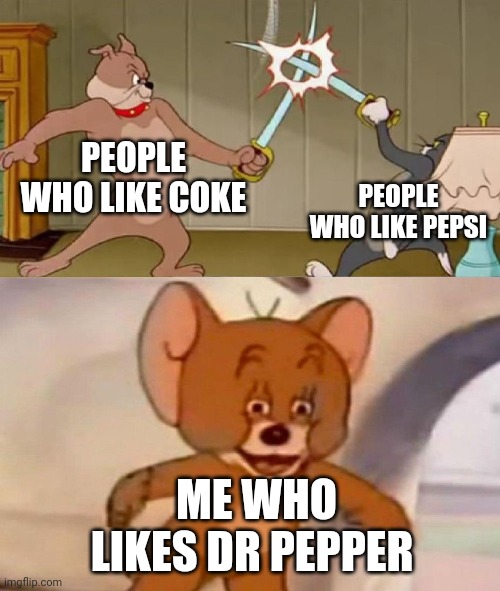 If I had to choose between Coke and Pepsi, I would choose Pepsi | PEOPLE WHO LIKE COKE; PEOPLE WHO LIKE PEPSI; ME WHO LIKES DR PEPPER | image tagged in tom and jerry swordfight | made w/ Imgflip meme maker