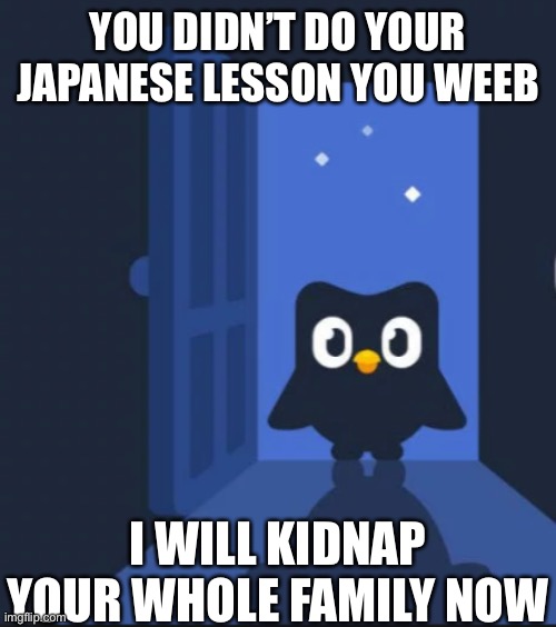 Duolingo Nooooo | YOU DIDN’T DO YOUR JAPANESE LESSON YOU WEEB; I WILL KIDNAP YOUR WHOLE FAMILY NOW | image tagged in duolingo bird,no anime,memes,funny,japanese,duolingo | made w/ Imgflip meme maker