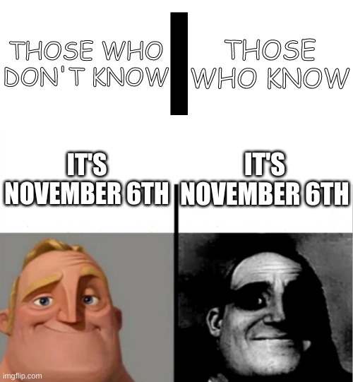 Sao happened in the anime today. | THOSE WHO KNOW; THOSE WHO DON'T KNOW; IT'S NOVEMBER 6TH; IT'S NOVEMBER 6TH | image tagged in teacher's copy,mr incredible becoming uncanny | made w/ Imgflip meme maker