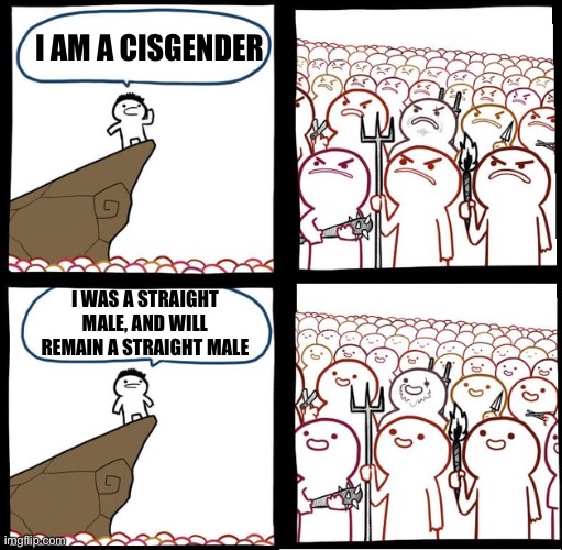 Definition though (memes #19) (special thanks to original idea) | I AM A CISGENDER; I WAS A STRAIGHT MALE, AND WILL REMAIN A STRAIGHT MALE | image tagged in preaching to the mob,memes,relatable | made w/ Imgflip meme maker