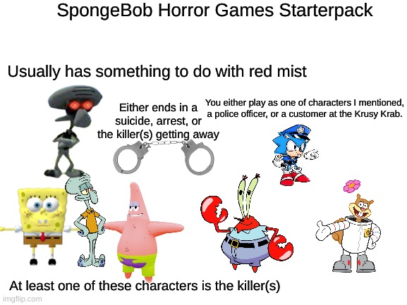 Blank White Template | SpongeBob Horror Games Starterpack; Usually has something to do with red mist; You either play as one of characters I mentioned, a police officer, or a customer at the Krusy Krab. Either ends in a suicide, arrest, or the killer(s) getting away; At least one of these characters is the killer(s) | image tagged in blank white template,memes,spongebob,starter pack | made w/ Imgflip meme maker