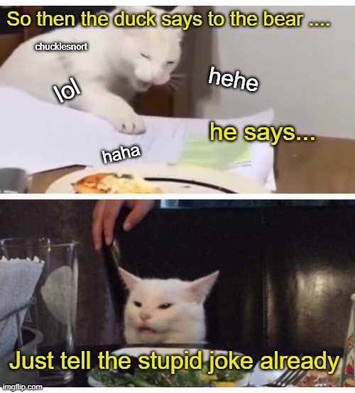 Plot Twist: the joke wasn't even that funny | So then the duck says to the bear .... chucklesnort; hehe; lol; he says... haha; Just tell the stupid joke already | made w/ Imgflip meme maker