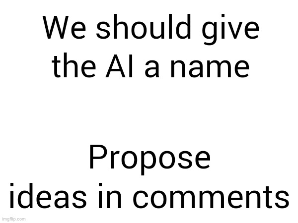 Mod note: Jim | We should give the AI a name; Propose ideas in comments | image tagged in memes,blank,blank white template,comments | made w/ Imgflip meme maker