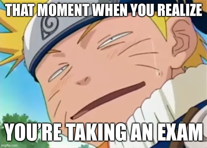 Do some of you guys feel this way in an exam? | THAT MOMENT WHEN YOU REALIZE; YOU’RE TAKING AN EXAM | image tagged in naruto dumb face,memes,that moment when,that moment when you realize,naruto shippuden,exam | made w/ Imgflip meme maker
