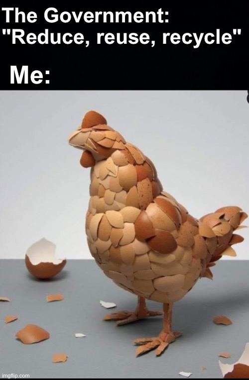 A chicken... reborn |  The Government: "Reduce, reuse, recycle"; Me: | image tagged in memes,unfunny | made w/ Imgflip meme maker