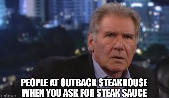 He's ruining a perfectly good steak! | PEOPLE AT OUTBACK STEAKHOUSE WHEN YOU ASK FOR STEAK SAUCE | image tagged in harrison ford appalled | made w/ Imgflip meme maker