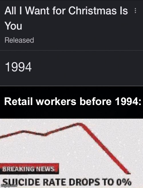 I DON'T WANT A LOT FOR CHRISTMAS |  Retail workers before 1994: | image tagged in suicide rates drop,memes,unfunny | made w/ Imgflip meme maker