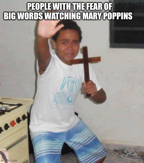 Bruh |  PEOPLE WITH THE FEAR OF BIG WORDS WATCHING MARY POPPINS | image tagged in kid with cross,mary poppins | made w/ Imgflip meme maker