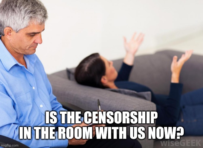 Therapist, notes | IS THE CENSORSHIP IN THE ROOM WITH US NOW? | image tagged in therapist notes | made w/ Imgflip meme maker
