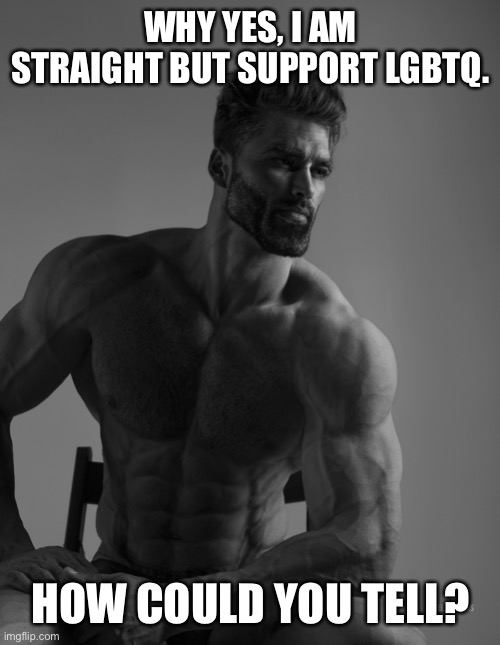 Giga Chad | WHY YES, I AM STRAIGHT BUT SUPPORT LGBTQ. HOW COULD YOU TELL? | image tagged in giga chad,lgbtq,straight,why yes how could you tell | made w/ Imgflip meme maker