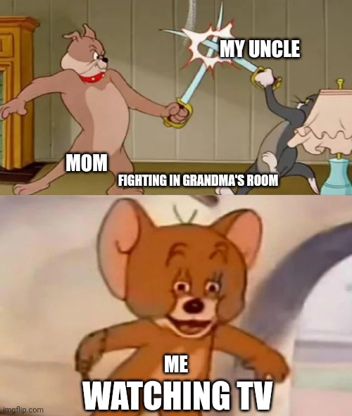 Why do they fight? | MY UNCLE; MOM; FIGHTING IN GRANDMA'S ROOM; ME; WATCHING TV | image tagged in tom and spike fighting | made w/ Imgflip meme maker