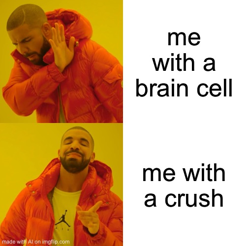 No brain cells | me with a brain cell; me with a crush | image tagged in memes,drake hotline bling | made w/ Imgflip meme maker