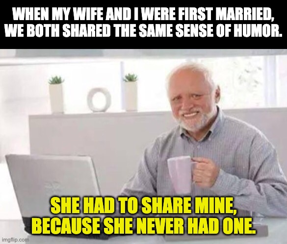 Humor | WHEN MY WIFE AND I WERE FIRST MARRIED, WE BOTH SHARED THE SAME SENSE OF HUMOR. SHE HAD TO SHARE MINE, BECAUSE SHE NEVER HAD ONE. | image tagged in harold | made w/ Imgflip meme maker