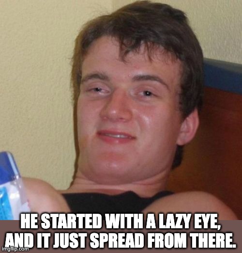 Lazy | HE STARTED WITH A LAZY EYE, AND IT JUST SPREAD FROM THERE. | image tagged in memes,10 guy | made w/ Imgflip meme maker