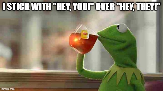 Kermit sipping tea | I STICK WITH "HEY, YOU!" OVER "HEY, THEY!" | image tagged in kermit sipping tea | made w/ Imgflip meme maker