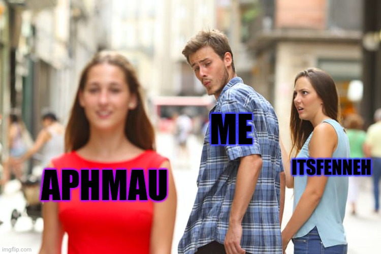 Love it | ME; ITSFENNEH; APHMAU | image tagged in memes,distracted boyfriend | made w/ Imgflip meme maker